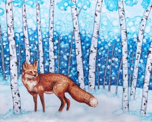Painting of a red fox in a snowy birch forest