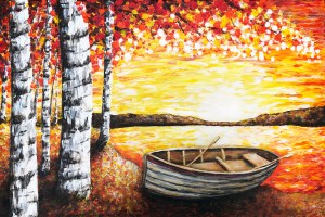 Fingerpainting of a rowboat under birch trees by the lake at sunset