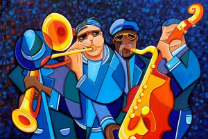 Cubism acrylic painting of a jazz band