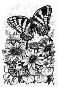 Pen and ink drawing of a butterfly