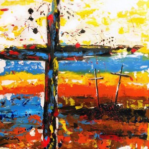 Abstract painting of three crosses