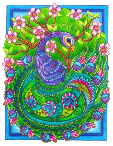 Colored pencils drawing of a peacock