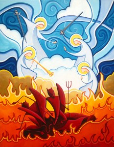 Painting of angels fighting demons