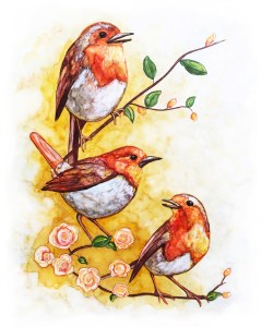 Painting of birds singing in a tree